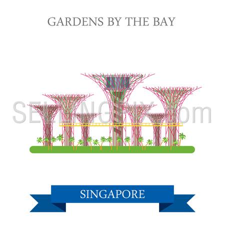 Gardens by the Bay in Singapore. Flat cartoon style historic sight showplace attraction web site vector illustration. World countries cities vacation travel sightseeing Asia collection.