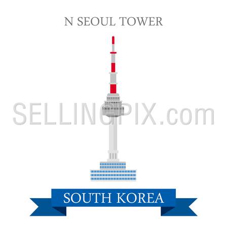 N Seoul Tower in South Korea. Flat cartoon style historic sight showplace attraction web site vector illustration. World countries cities vacation travel sightseeing Asia collection.