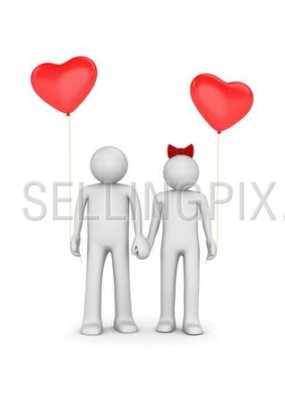Couple with heart shaped balloons (love, valentine day series; 3d isolated characters)