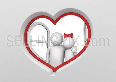 Couple in the heart shaped window (love, valentine day series; 3d isolated characters)