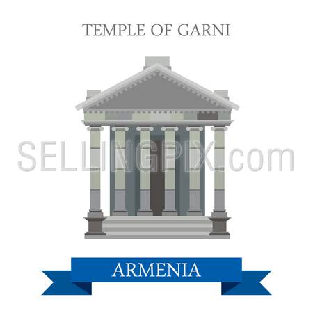 Temple of Garni in Armenia. Flat cartoon style historic sight showplace attraction web site vector illustration. World countries cities vacation travel sightseeing Asia collection.