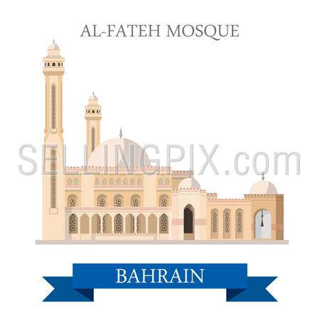 Al-Fateh Mosque in Bahrain. Flat cartoon style historic sight showplace attraction web site vector illustration. World countries cities vacation travel sightseeing Asia collection.