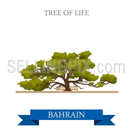 Tree of Life in Bahrein. Flat cartoon style historic sight showplace attraction web site vector illustration. World countries cities vacation travel sightseeing Asia collection.