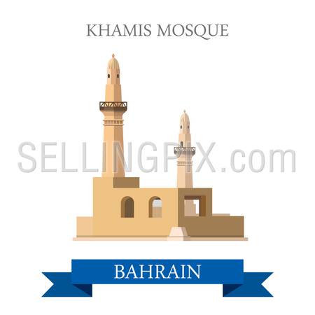 Khamis Mosque in Bahrain. Flat cartoon style historic sight showplace attraction web site vector illustration. World countries cities vacation travel sightseeing Asia collection.