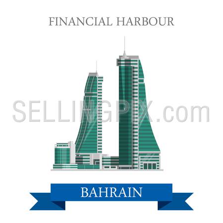 Financial Harbor in Bahrain. Flat cartoon style historic sight showplace attraction web site vector illustration. World countries cities vacation travel sightseeing Asia collection.