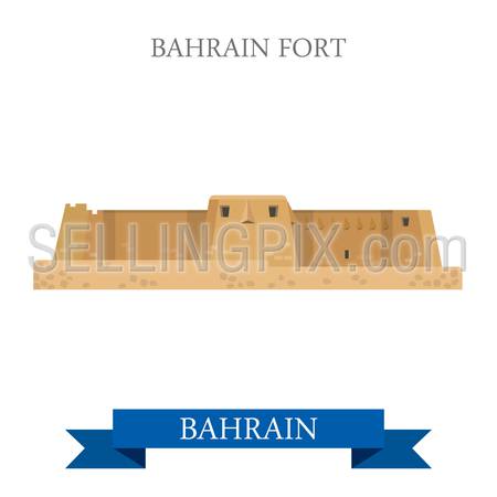 Bahrain Fort. Flat cartoon style historic sight showplace attraction web site vector illustration. World countries cities vacation travel sightseeing Asia collection.