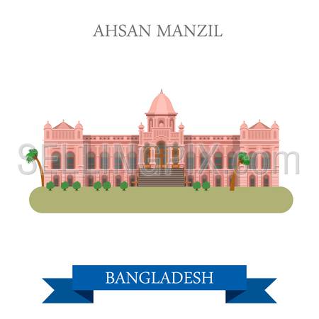 Ahsan Manzil palace in Bangladesh. Flat cartoon style historic sight showplace attraction web site vector illustration. World countries cities vacation travel sightseeing Asia collection.