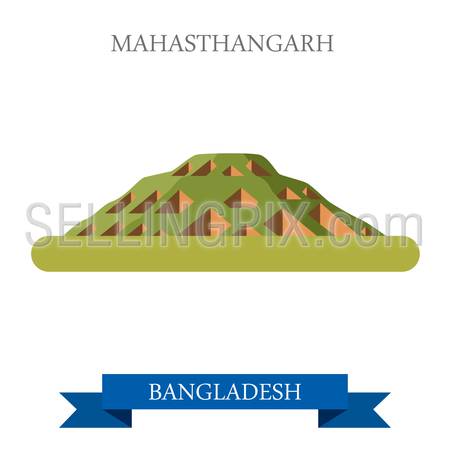 Mahasthangarh in Bogra, Bangladesh. Flat cartoon style historic sight showplace attraction web site vector illustration. World countries cities vacation travel sightseeing Asia collection.