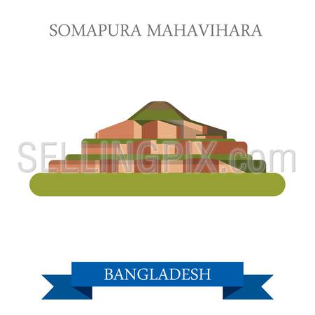 Somapura Mahavihara Buddhist vihara in Bangladesh. Flat cartoon style historic sight showplace attraction web vector illustration. World countries cities vacation travel sightseeing Asia collection.