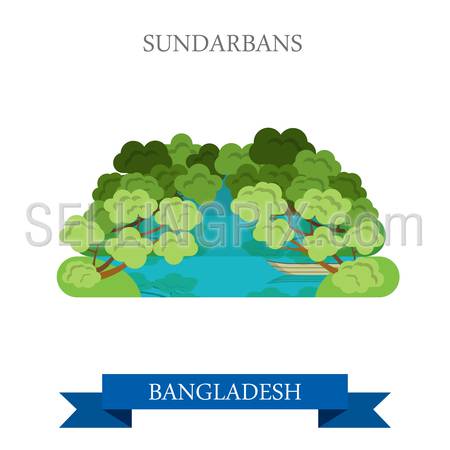 Sundarbans in Bangladesh. Flat cartoon style historic sight showplace attraction web site vector illustration. World countries cities vacation travel sightseeing Asia collection.