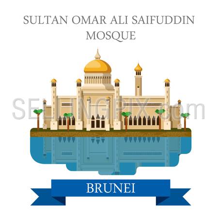 Sultan Omar Ali Saifuddin Mosque in Brunei. Flat cartoon style historic sight showplace attraction web site vector illustration. World countries cities vacation travel sightseeing Asia collection.