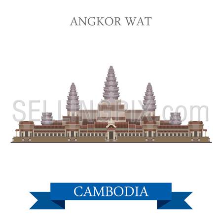 Angkor Wat temple complex in Cambodia. Flat cartoon style historic sight showplace attraction web site vector illustration. World countries cities vacation travel sightseeing Asia collection.