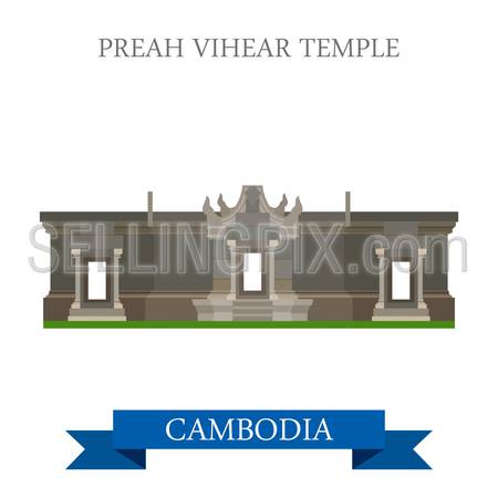 Preah Vihear Hindu Temple in Cambodia. Flat cartoon style historic sight showplace attraction web site vector illustration. World countries cities vacation travel sightseeing Asia collection.