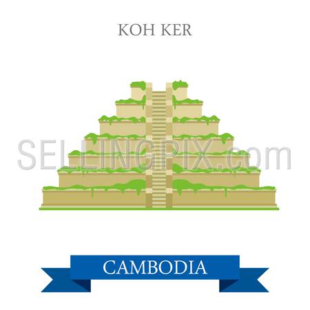 Koh Ker in Cambodia. Flat cartoon style historic sight showplace attraction web site vector illustration. World countries cities vacation travel sightseeing Asia collection.