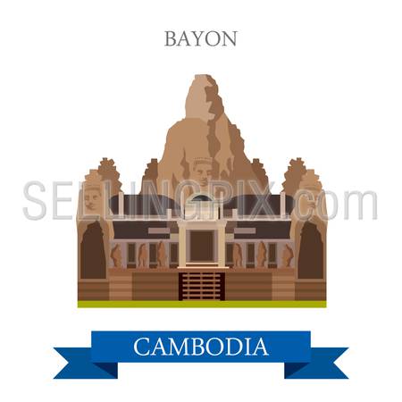 Bayon Khmer temple in Angkor, Cambodia. Flat cartoon style historic sight showplace attraction web site vector illustration. World countries cities vacation travel sightseeing Asia collection.