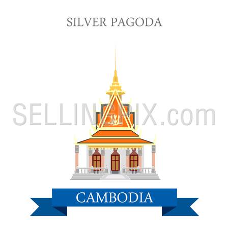 Silver Pagoda in Cambodia. Flat cartoon style historic sight showplace attraction web site vector illustration. World countries cities vacation travel sightseeing Asia collection.