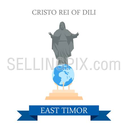 Cristo Rei of Dili Jesus Statue in East Timor. Flat cartoon style historic sight showplace attraction web site vector illustration. World countries cities vacation travel sightseeing Asia collection.