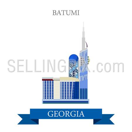Batumi in Georgia. Flat cartoon style historic sight showplace attraction web site vector illustration. World countries cities vacation travel sightseeing Asia collection.