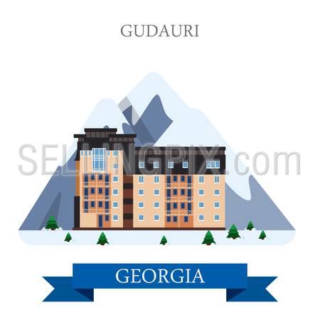 Gudauri mountain ski resort in Georgia. Flat cartoon style historic sight showplace attraction web site vector illustration. World countries cities vacation travel sightseeing Asia collection.