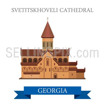Svetitskhoveli Cathedral in Georgia. Flat cartoon style historic sight showplace attraction web site vector illustration. World countries cities vacation travel sightseeing Asia collection.