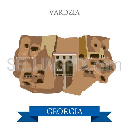 Vardzia cave monastery in Georgia. Flat cartoon style historic sight showplace attraction web site vector illustration. World countries cities vacation travel sightseeing Asia collection.