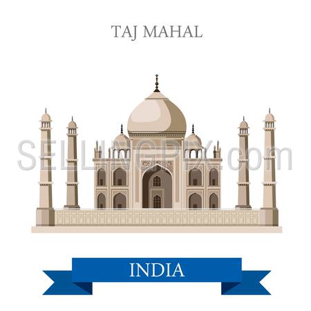 Taj Mahal mausoleum in Agra, India. Flat cartoon style historic sight showplace attraction web site vector illustration. World countries cities vacation travel sightseeing Asia collection.