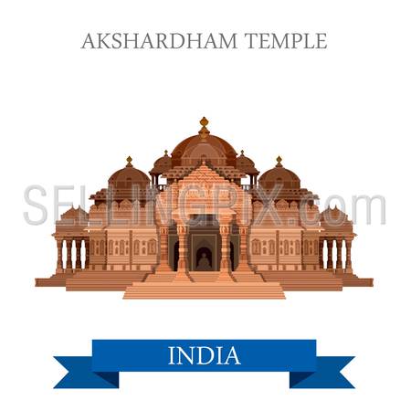 Akshardham Hindu Temple in New Dehli, India. Flat cartoon style historic sight showplace attraction web site vector illustration. World countries cities vacation travel sightseeing Asia collection.