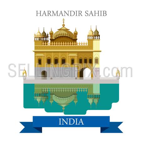 Harmandir Sahib sikhism temple in India. Flat cartoon style historic sight showplace attraction web site vector illustration. World countries cities vacation travel sightseeing Asia collection.