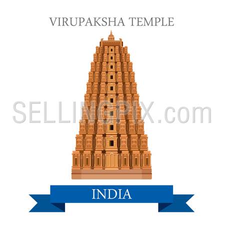 Virupaksha Shiva Temple in India. Flat cartoon style historic sight showplace attraction web site vector illustration. World countries cities vacation travel sightseeing Asia collection.