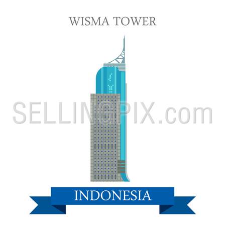 Wisma Tower in Jakarta, Indonesia. Flat cartoon style historic sight showplace attraction web site vector illustration. World countries cities vacation travel sightseeing Asia collection.