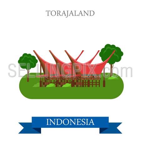 Toraja Land in Rantepao, Indonesia. Flat cartoon style historic sight showplace attraction web site vector illustration. World countries cities vacation travel sightseeing Asia collection.