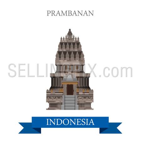 Prambanan Hindu temple in Indonesia. Flat cartoon style historic sight showplace attraction web site vector illustration. World countries cities vacation travel sightseeing Asia collection.