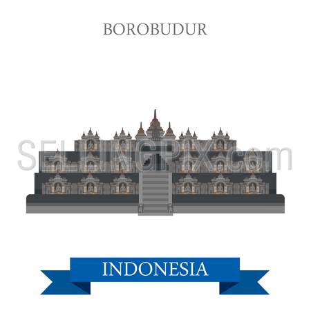Borobudur Barabudur Buddhist temple in Indonesia. Flat cartoon style historic sight showplace attraction web site vector illustration. World countries cities vacation travel sightseeing Asia collection.