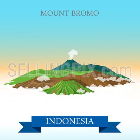 Mount Bromo in Indonesia. Flat cartoon style historic sight showplace attraction web site vector illustration. World countries cities vacation travel sightseeing Asia collection.