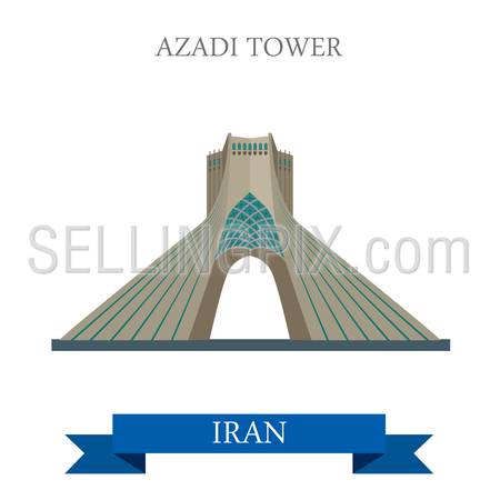 Azadi Tower in Tehran, Iran. Flat cartoon style historic sight showplace attraction web site vector illustration. World countries cities vacation travel sightseeing Asia collection.