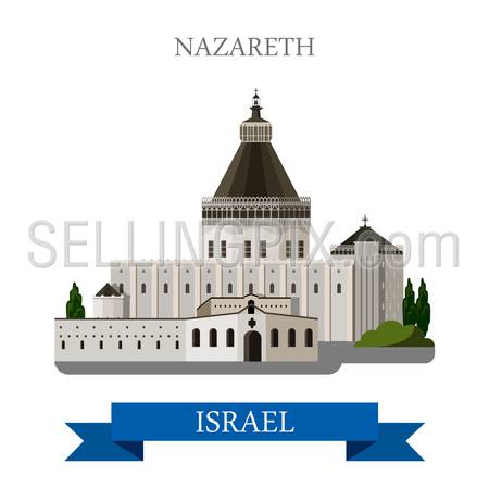 Nazareth in Israel. Flat cartoon style historic sight showplace attraction web site vector illustration. World countries cities vacation travel sightseeing Asia collection.