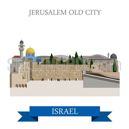 Jerusalem Old City in Israel. Flat cartoon style historic sight showplace attraction web site vector illustration. World countries cities vacation travel sightseeing Asia collection.