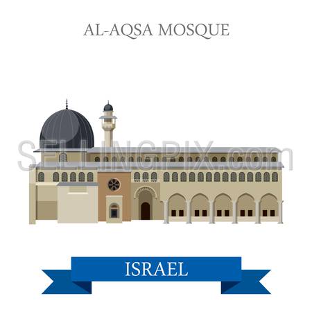Al-Aqsa Mosque in Israel. Flat cartoon style historic sight showplace attraction web site vector illustration. World countries cities vacation travel sightseeing Asia collection.