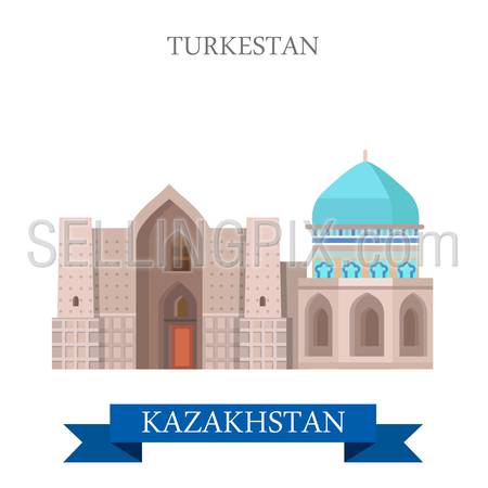 Turkestan Turkistan City in Kazakhstan. Flat cartoon style historic sight showplace attraction web site vector illustration. World countries cities vacation travel sightseeing Asia collection.