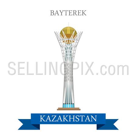 Bayterek in Astana, Kazakhstan. Flat cartoon style historic sight showplace attraction web site vector illustration. World countries cities vacation travel sightseeing Asia collection.