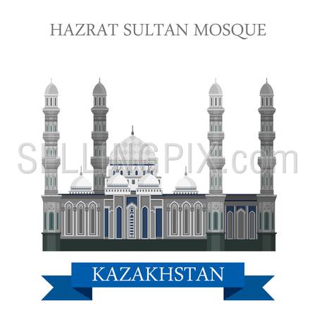Hazrat Sultan Mosque in Astana, Kazakhstan. Flat cartoon style historic sight showplace attraction web site vector illustration. World countries cities vacation travel sightseeing Asia collection.