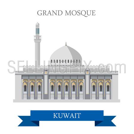 Grand Mosque in Kuwait. Flat cartoon style historic sight showplace attraction web site vector illustration. World countries cities vacation travel sightseeing Asia collection.