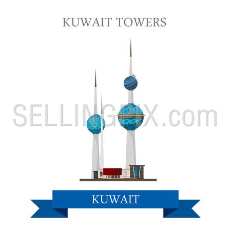 Kuwait Towers. Flat cartoon style historic sight showplace attraction web site vector illustration. World countries cities vacation travel sightseeing Asia collection.