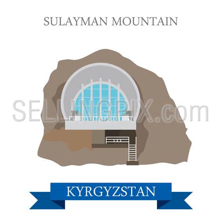 Sulayman Mountain in Kyrgyzstan. Flat cartoon style historic sight showplace attraction web site vector illustration. World countries cities vacation travel sightseeing Asia collection.