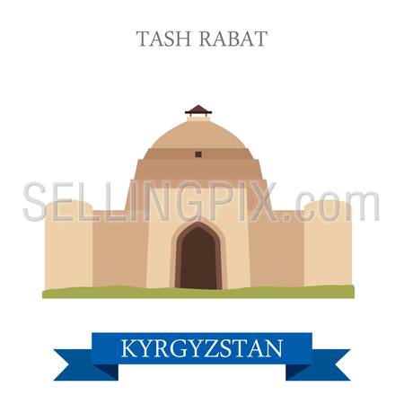 Tash Rabat in Kyrgyzstan. Flat cartoon style historic sight showplace attraction web site vector illustration. World countries cities vacation travel sightseeing Asia collection.
