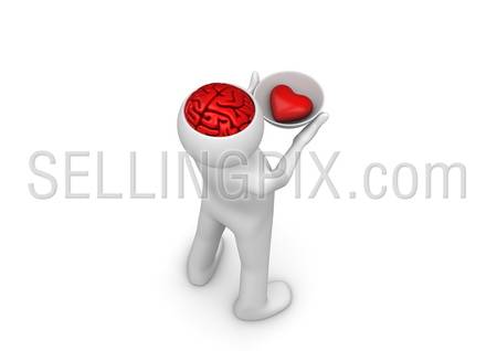 Heart on brainpan saucer – take my heart and brain (3d isolated characters, love, valentine day series)