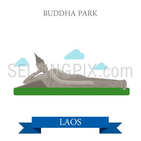 Buddha Park in Laos. Flat cartoon style historic sight showplace attraction web site vector illustration. World countries cities vacation travel sightseeing Asia collection.