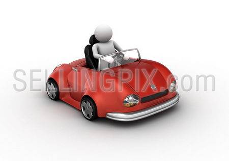 Red cabrio car driven by character (3d isolated on white background micromachines series)