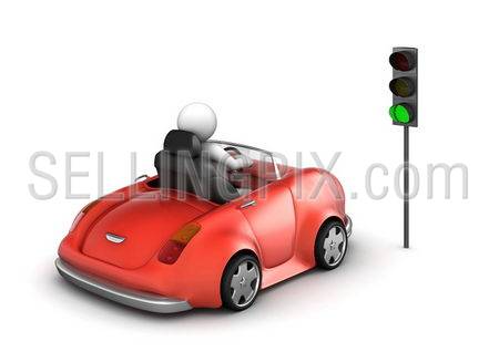 Red cabrio starting on green traffic light signal (funny isolated on white background micro machines series)