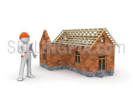 Builder / Under construction wireframe house (3d isolated on white background characters series)